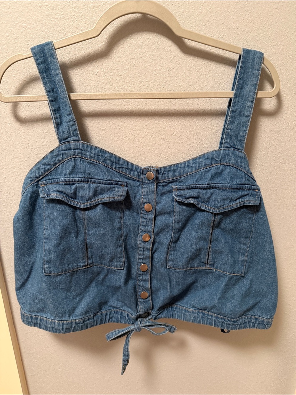 We The Free Light Blue Denim Crop Top with Front Pockets